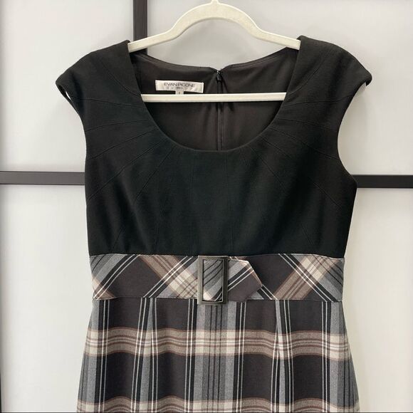 [6] Evan Picone Neutral Tone Plaid Sleeveless Belted Midi Dress Black Tan & Grey - Picture 5 of 16